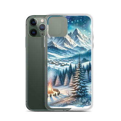 Aquarell eines Winterabends in den Alpen mit Lagerfeuer und Wanderern, glitzernder Neuschnee - iPhone Schutzhülle (durchsichtig) camping xxx yyy zzz