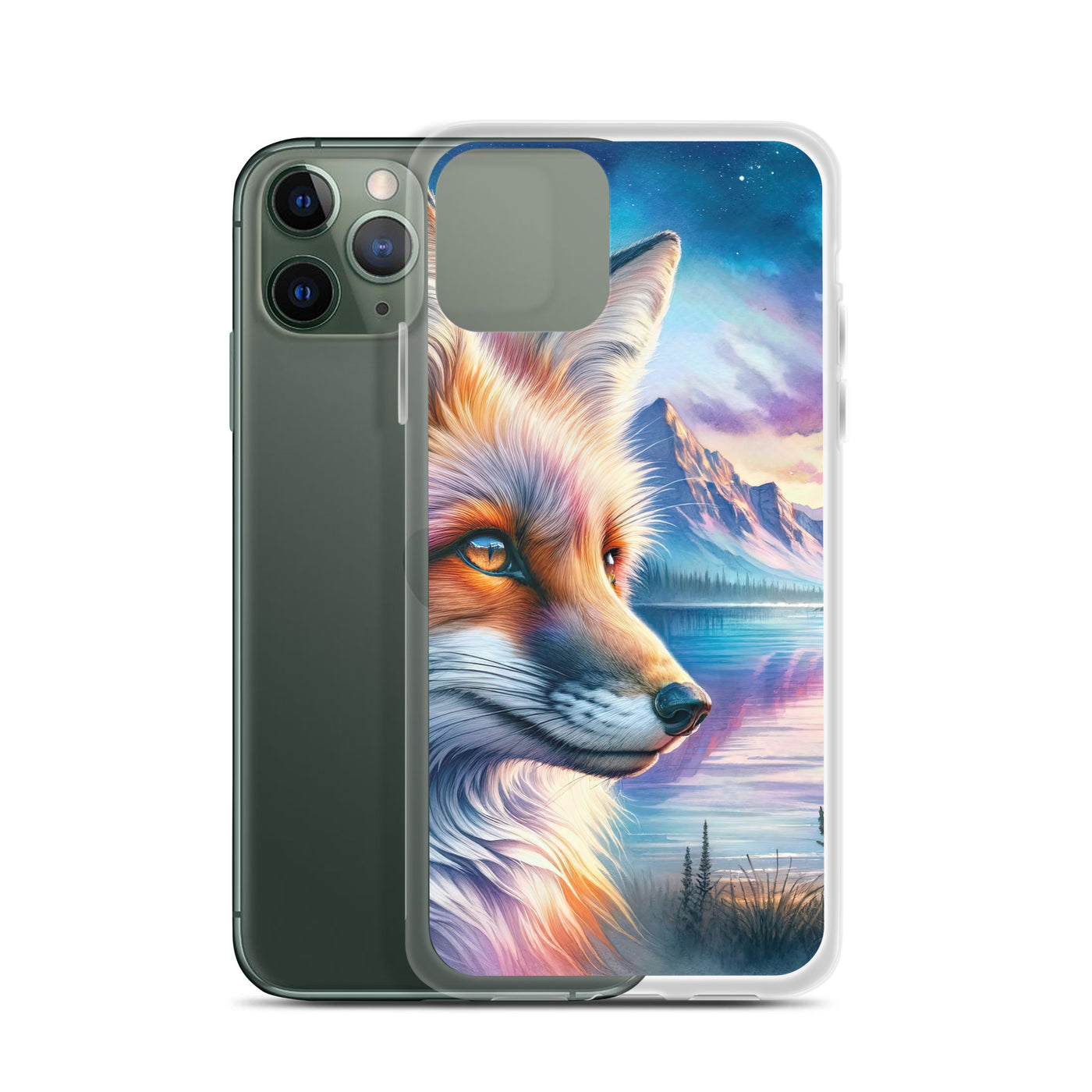 Aquarellporträt eines Fuchses im Dämmerlicht am Bergsee - iPhone Schutzhülle (durchsichtig) camping xxx yyy zzz