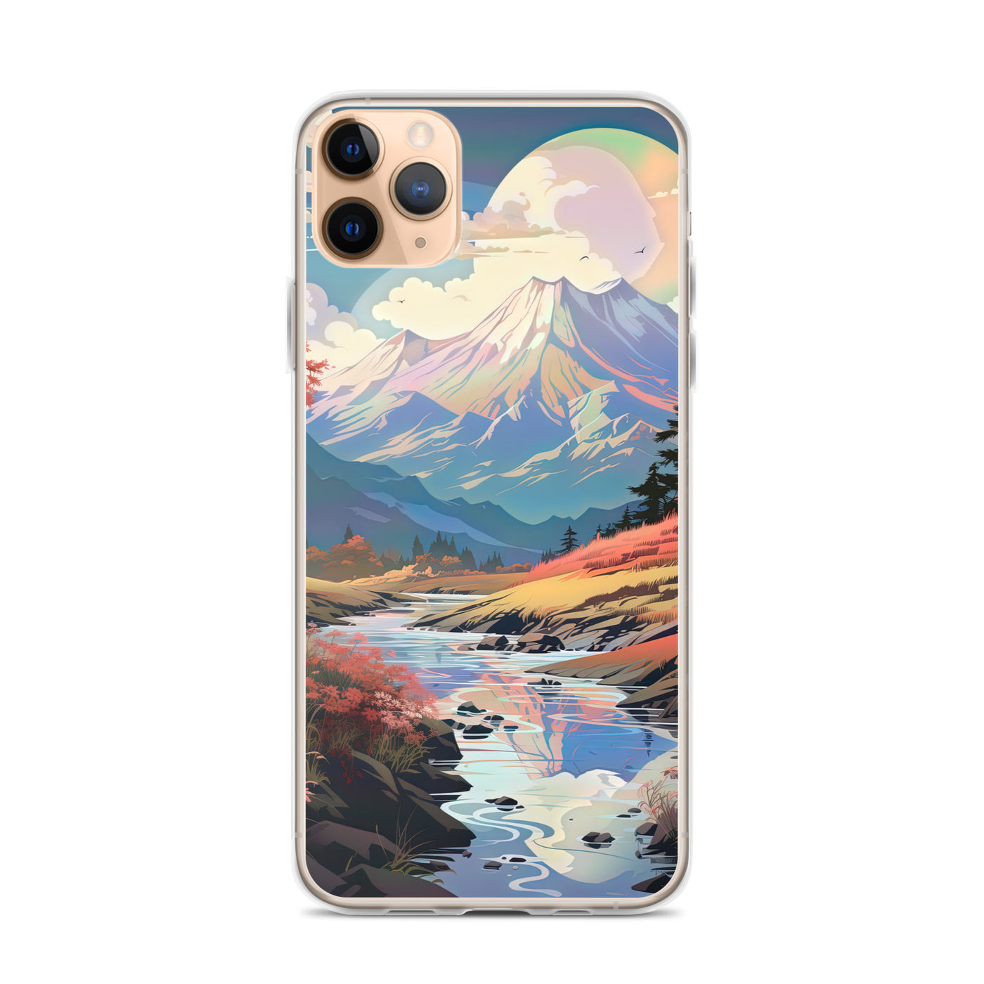 Berge. Fluss und Blumen - Malerei - iPhone Schutzhülle (durchsichtig) berge xxx iPhone 11 Pro Max