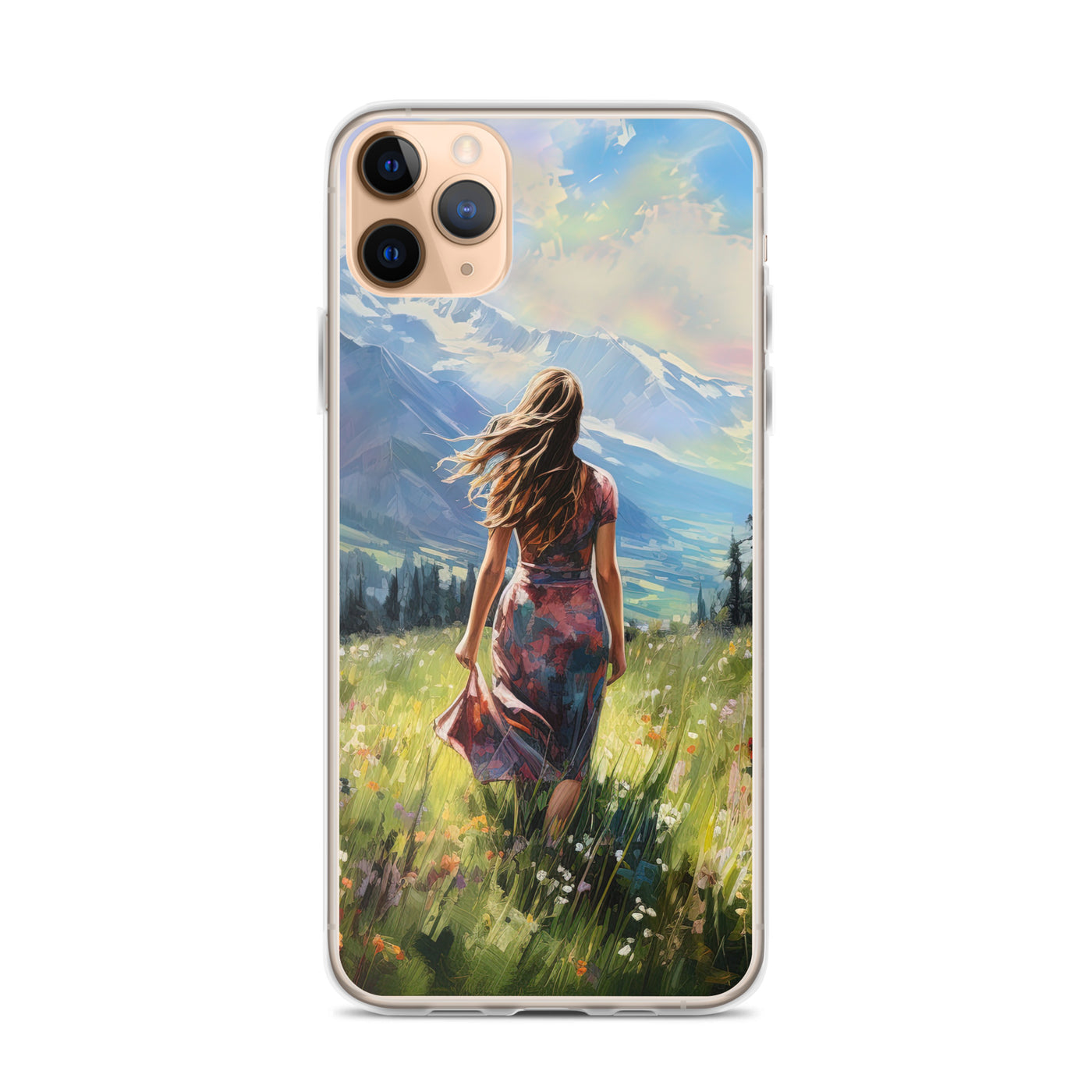 Frau mit langen Kleid im Feld mit Blumen - Berge im Hintergrund - Malerei - iPhone Schutzhülle (durchsichtig) berge xxx iPhone 11 Pro Max
