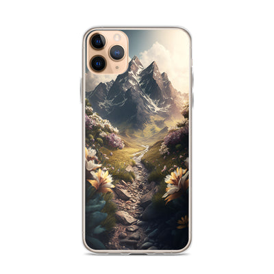 Epischer Berg, steiniger Weg und Blumen - Realistische Malerei - iPhone Schutzhülle (durchsichtig) berge xxx iPhone 11 Pro Max