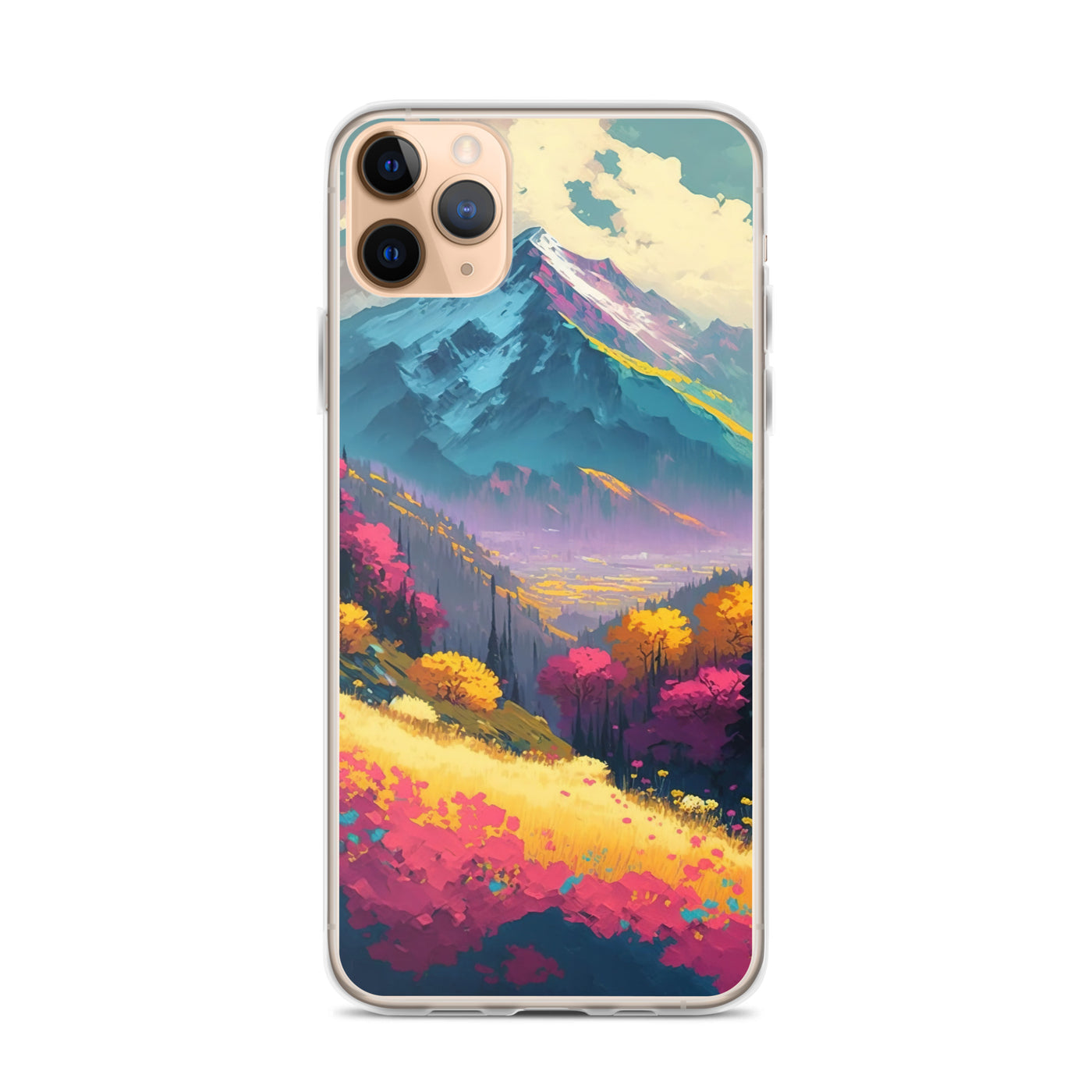 Berge, pinke und gelbe Bäume, sowie Blumen - Farbige Malerei - iPhone Schutzhülle (durchsichtig) berge xxx iPhone 11 Pro Max