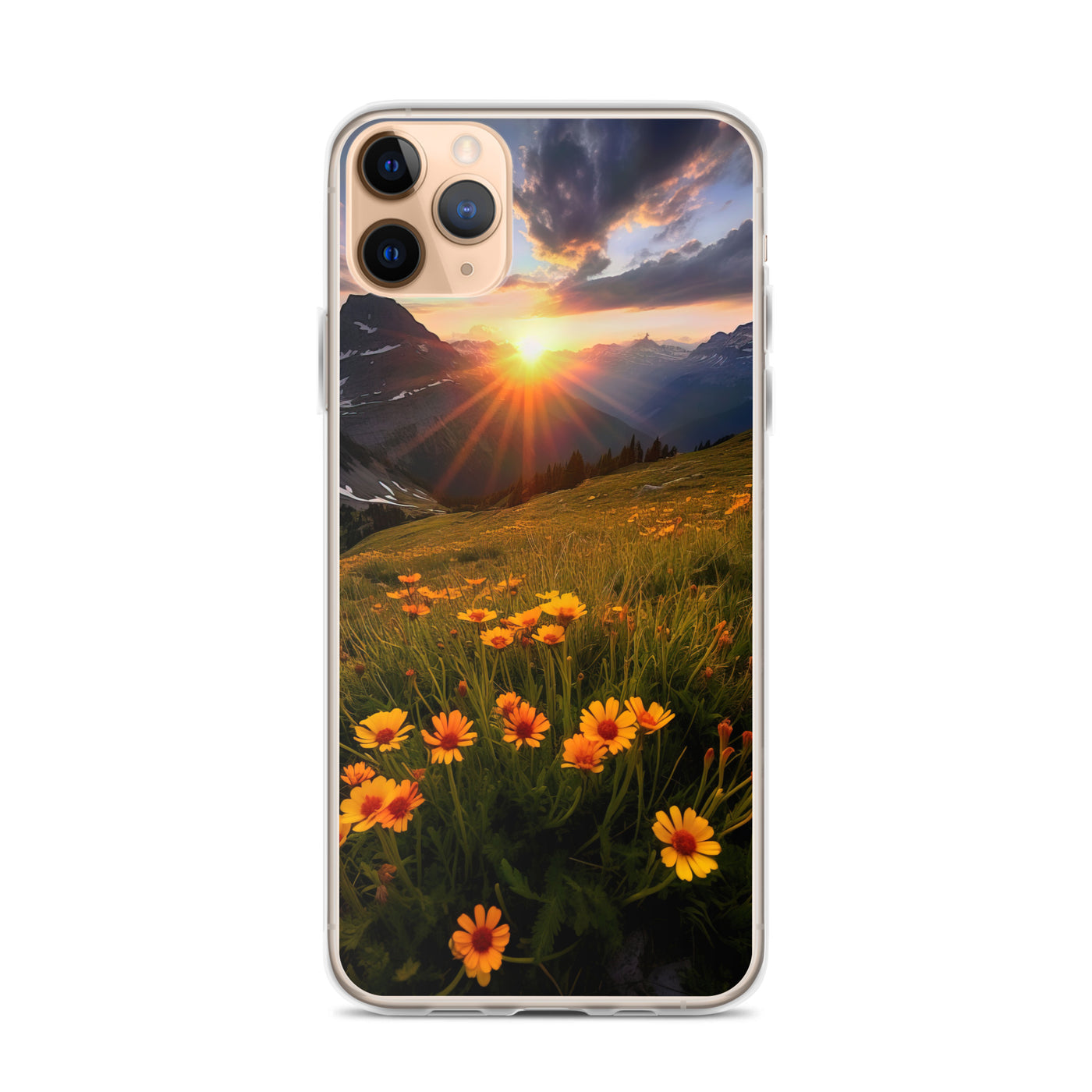 Gebirge, Sonnenblumen und Sonnenaufgang - iPhone Schutzhülle (durchsichtig) berge xxx iPhone 11 Pro Max