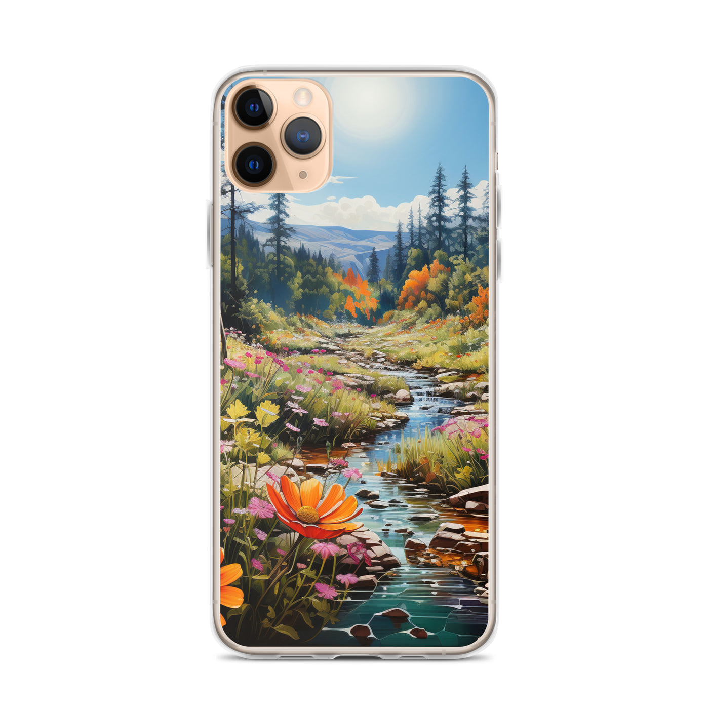 Berge, schöne Blumen und Bach im Wald - iPhone Schutzhülle (durchsichtig) berge xxx iPhone 11 Pro Max