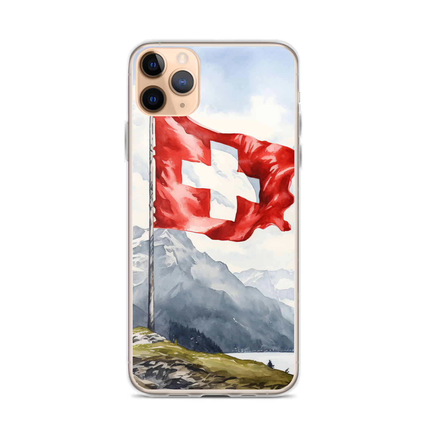 Schweizer Flagge und Berge im Hintergrund - Epische Stimmung - Malerei - iPhone Schutzhülle (durchsichtig) berge xxx iPhone 11 Pro Max