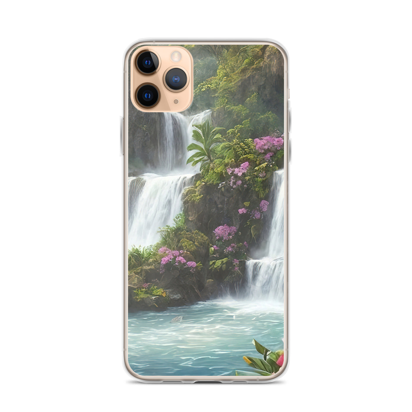 Wasserfall im Wald und Blumen - Schöne Malerei - iPhone Schutzhülle (durchsichtig) camping xxx iPhone 11 Pro Max