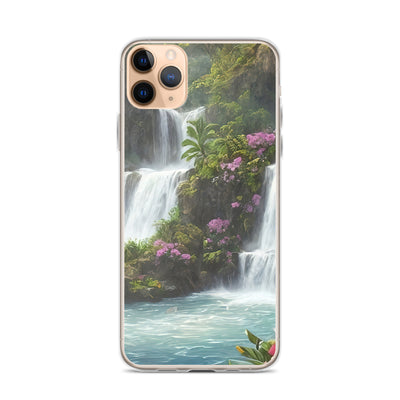 Wasserfall im Wald und Blumen - Schöne Malerei - iPhone Schutzhülle (durchsichtig) camping xxx iPhone 11 Pro Max