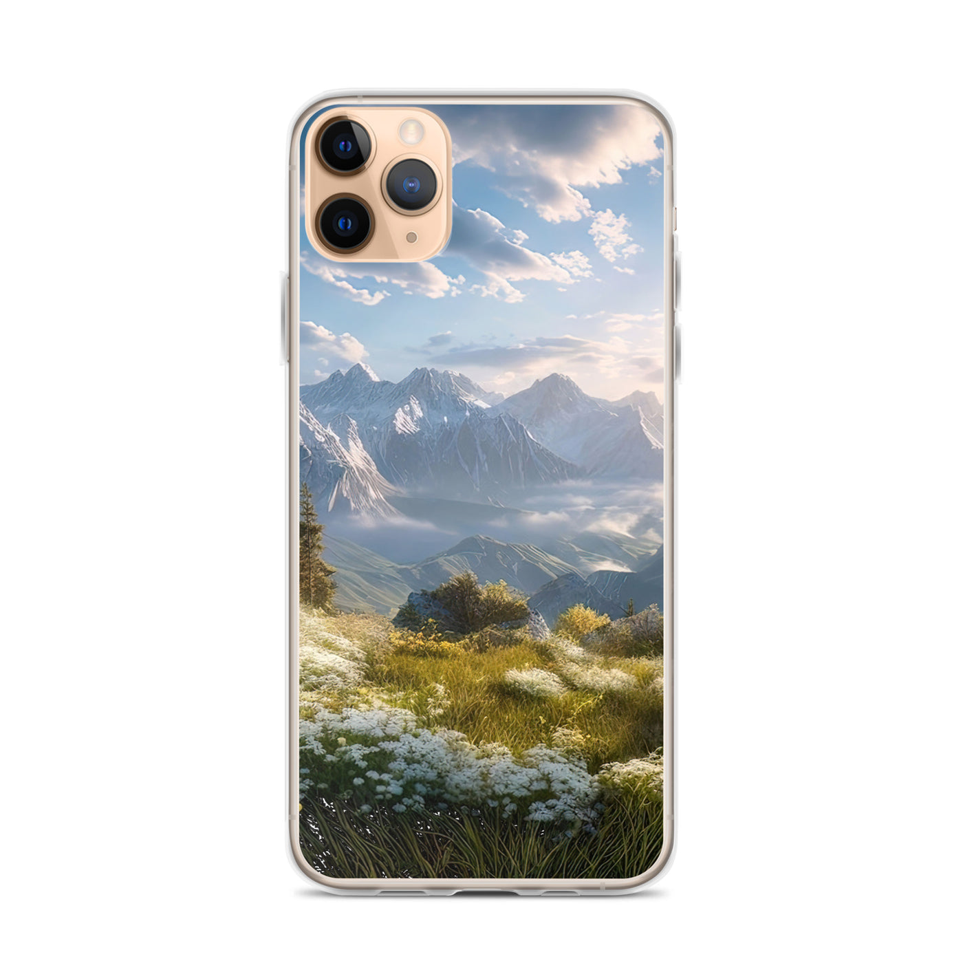 Berglandschaft mit Sonnenschein, Blumen und Bäumen - Malerei - iPhone Schutzhülle (durchsichtig) berge xxx iPhone 11 Pro Max