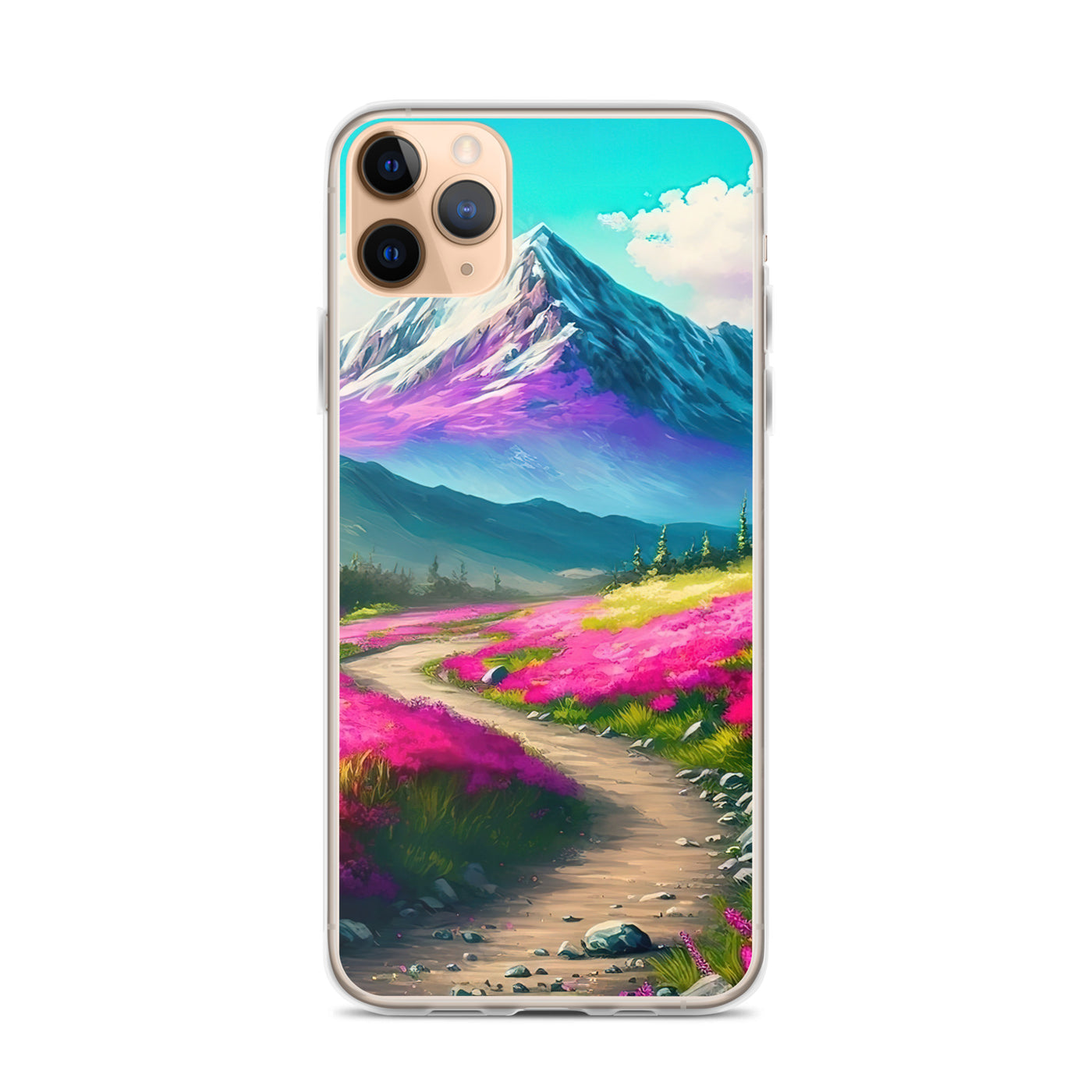 Berg, pinke Blumen und Wanderweg - Landschaftsmalerei - iPhone Schutzhülle (durchsichtig) berge xxx iPhone 11 Pro Max