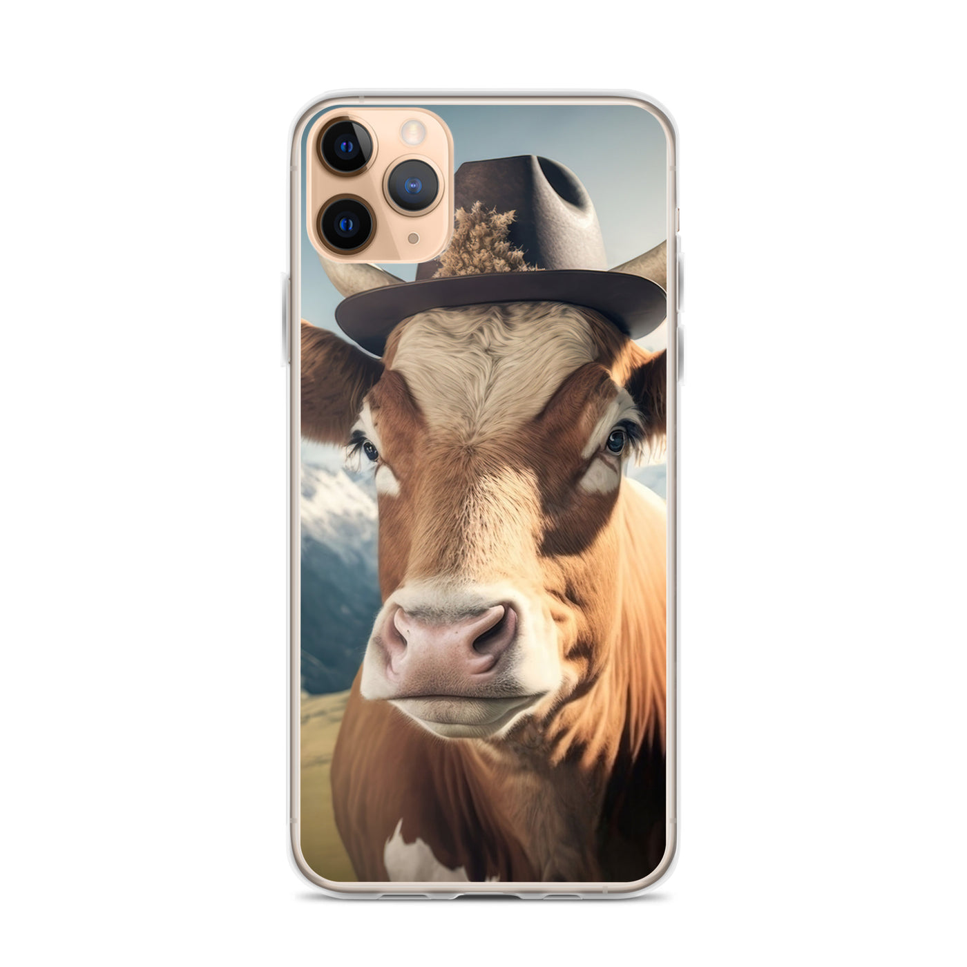 Kuh mit Hut in den Alpen - Berge im Hintergrund - Landschaftsmalerei - iPhone Schutzhülle (durchsichtig) berge xxx iPhone 11 Pro Max