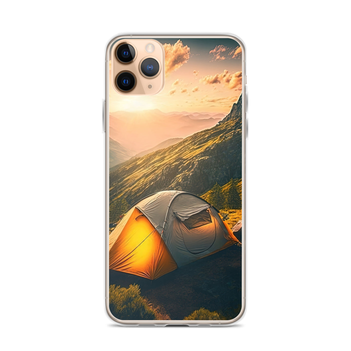 Zelt auf Berg im Sonnenaufgang - Landschafts - iPhone Schutzhülle (durchsichtig) camping xxx iPhone 11 Pro Max