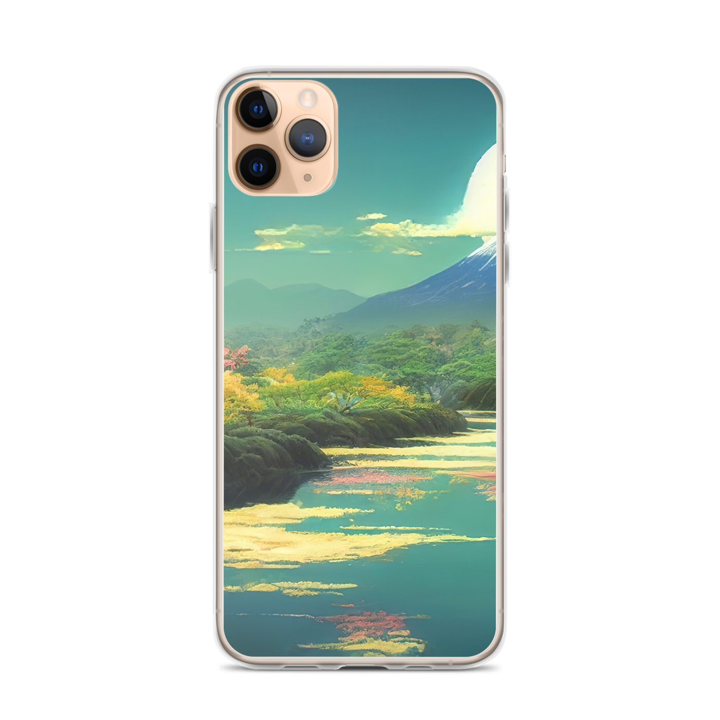Berg, See und Wald mit pinken Bäumen - Landschaftsmalerei - iPhone Schutzhülle (durchsichtig) berge xxx iPhone 11 Pro Max