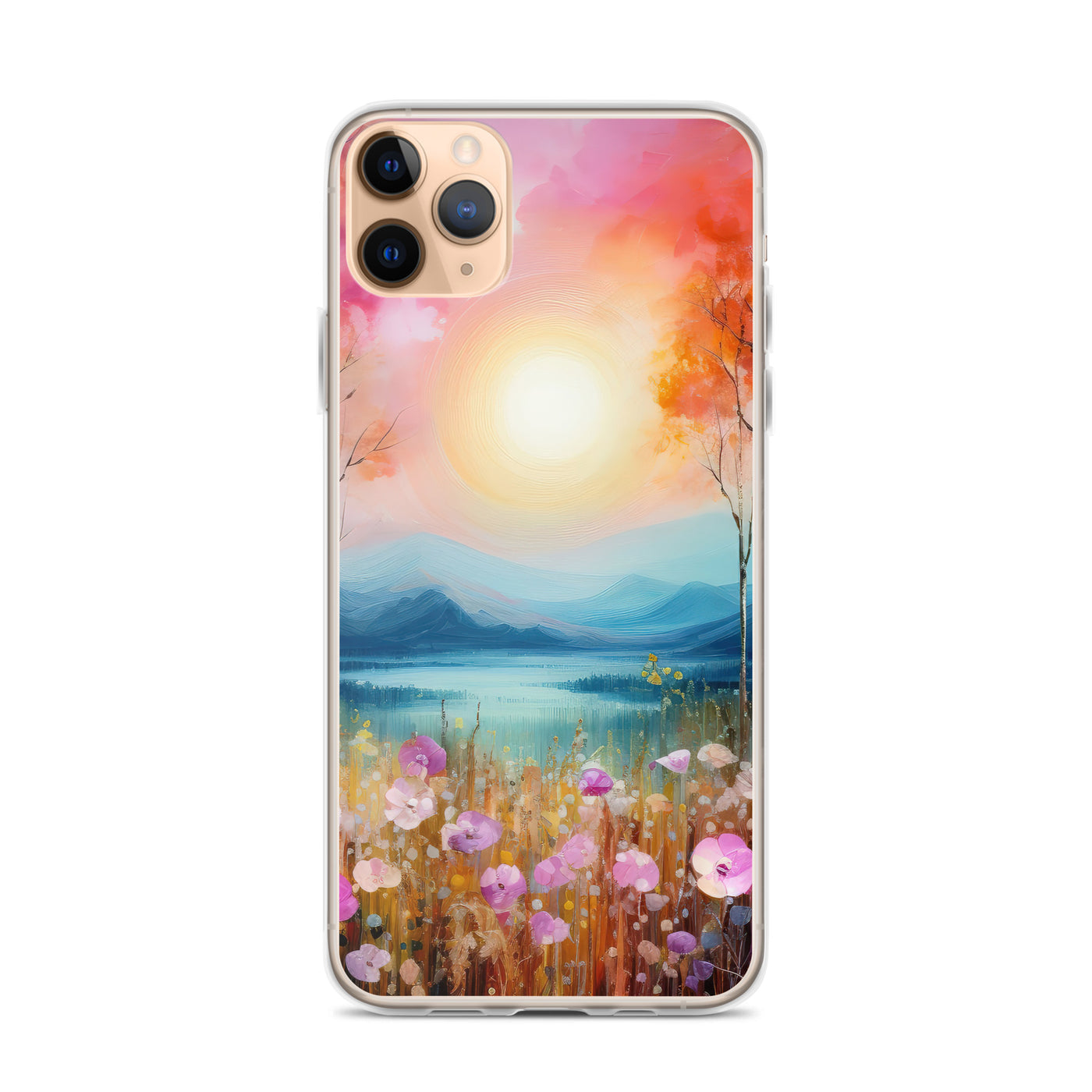 Berge, See, pinke Bäume und Blumen - Malerei - iPhone Schutzhülle (durchsichtig) berge xxx iPhone 11 Pro Max