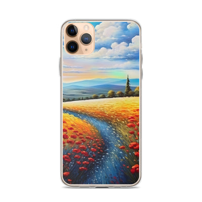 Feld mit roten Blumen und Berglandschaft - Landschaftsmalerei - iPhone Schutzhülle (durchsichtig) berge xxx iPhone 11 Pro Max