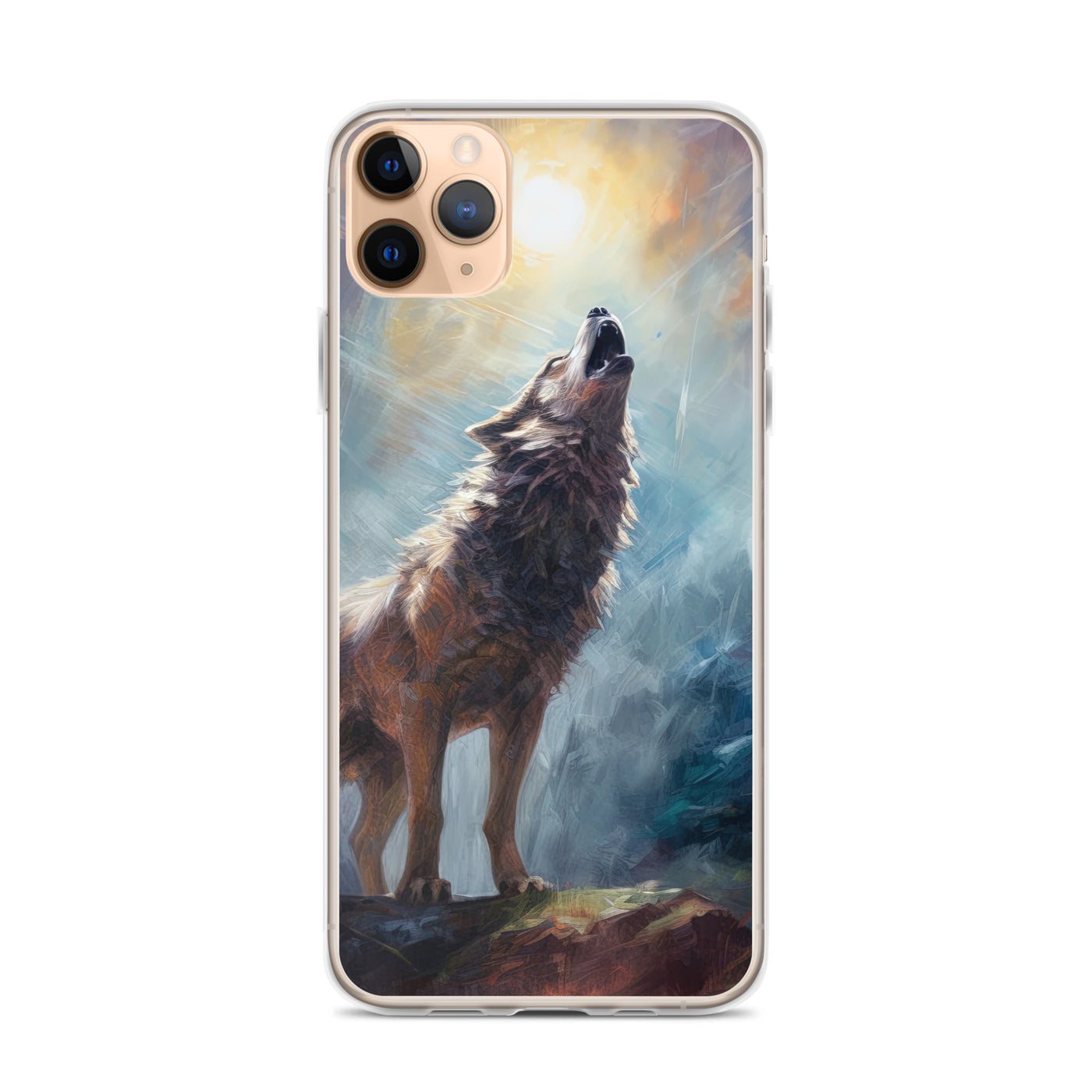 Heulender Wolf auf Berggipfel und Mond im Hintergrund – Abstrakte Malerei - iPhone Schutzhülle (durchsichtig) camping xxx iPhone 11 Pro Max