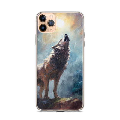 Heulender Wolf auf Berggipfel und Mond im Hintergrund – Abstrakte Malerei - iPhone Schutzhülle (durchsichtig) camping xxx iPhone 11 Pro Max