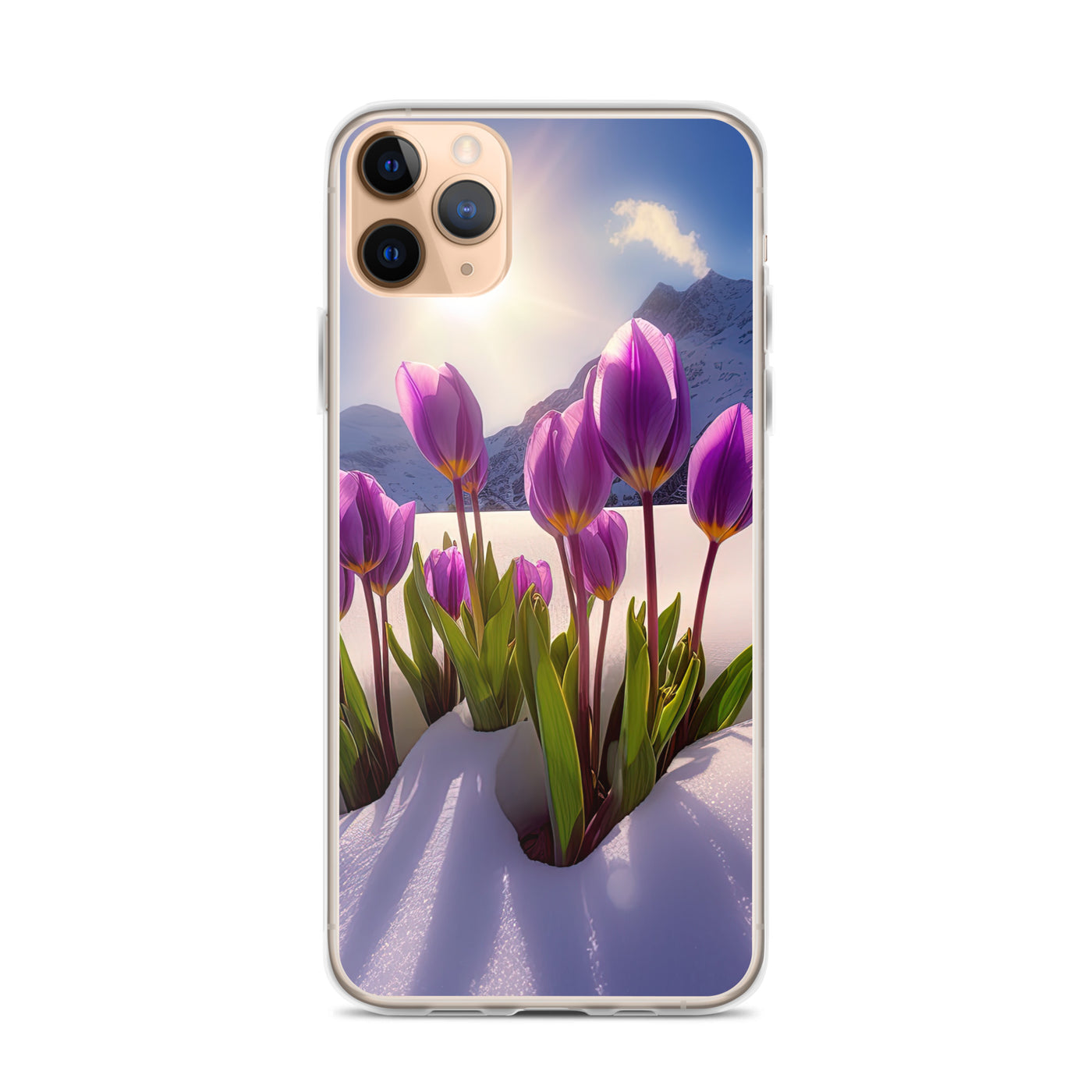 Tulpen im Schnee und in den Bergen - Blumen im Winter - iPhone Schutzhülle (durchsichtig) berge xxx iPhone 11 Pro Max
