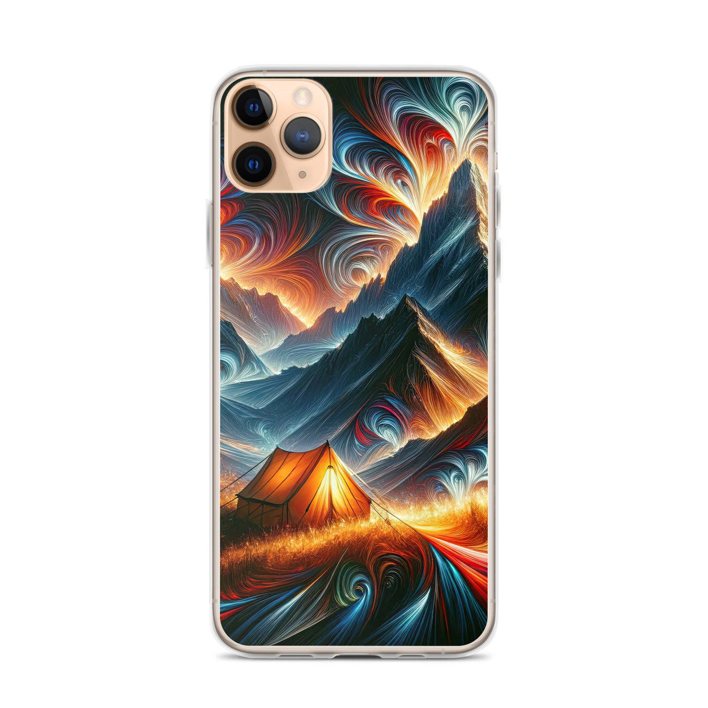 Abstrakte Kunst der Alpen, wo die Berge mit dynamischen Farben und Mustern pulsieren und eine Szene Energie schaffen - Schutzhülle camping xxx yyy zzz iPhone 11 Pro Max