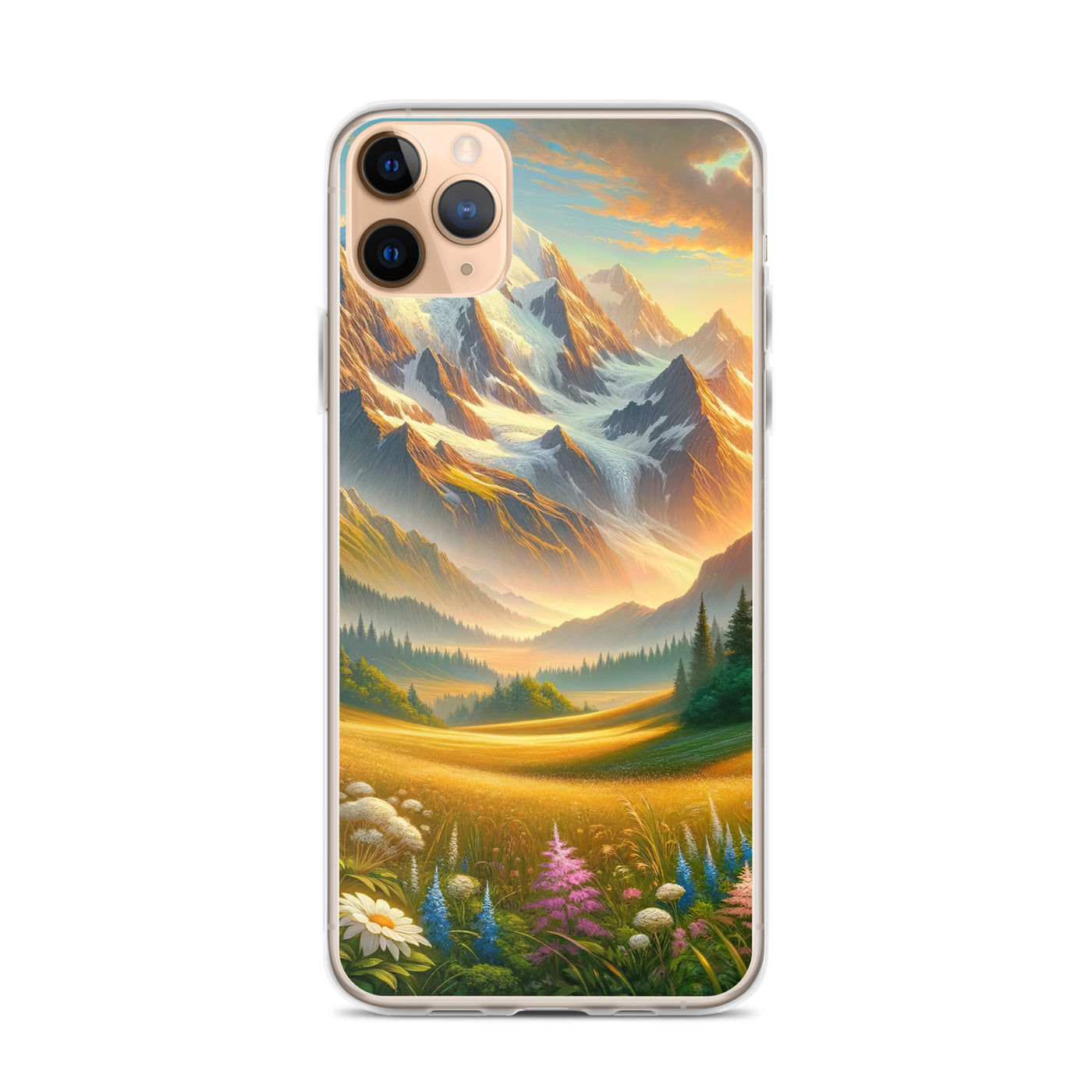 Heitere Alpenschönheit: Schneeberge und Wildblumenwiesen - iPhone Schutzhülle (durchsichtig) berge xxx yyy zzz iPhone 11 Pro Max