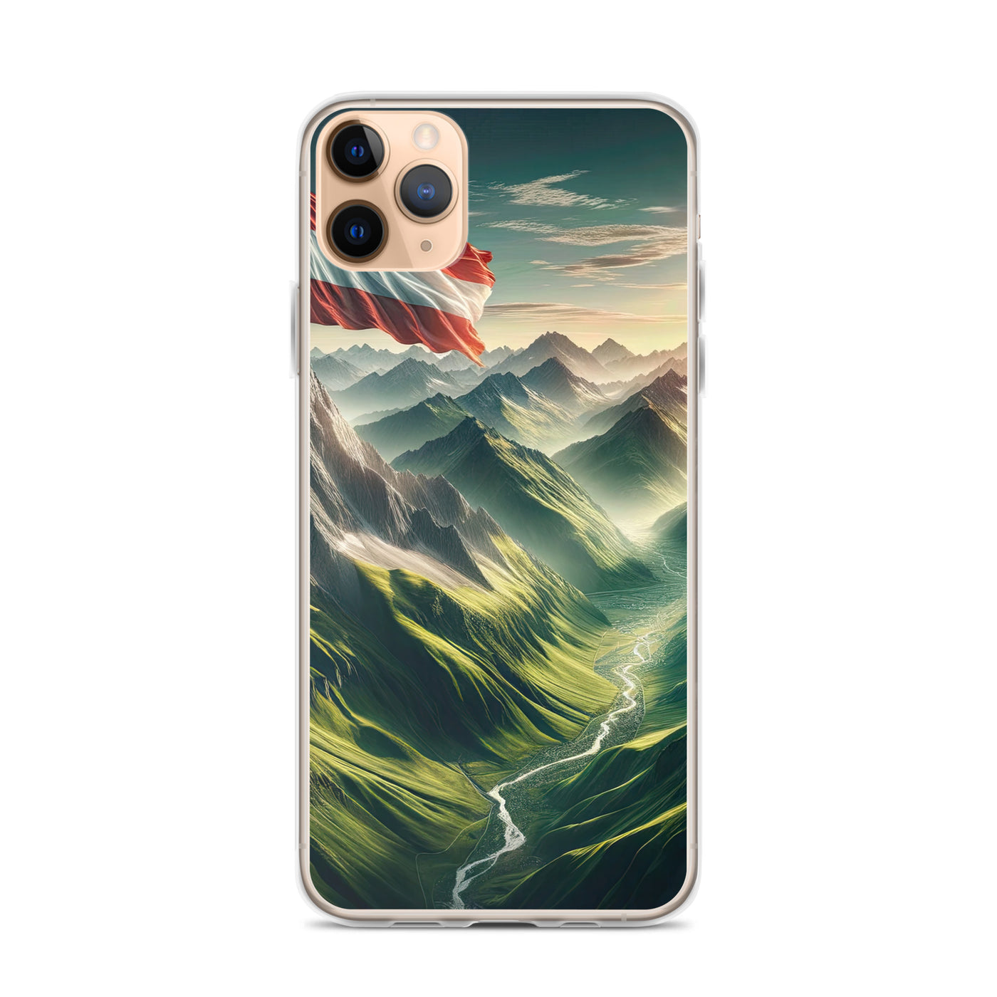 Alpen Gebirge: Fotorealistische Bergfläche mit Österreichischer Flagge - iPhone Schutzhülle (durchsichtig) berge xxx yyy zzz iPhone 11 Pro Max