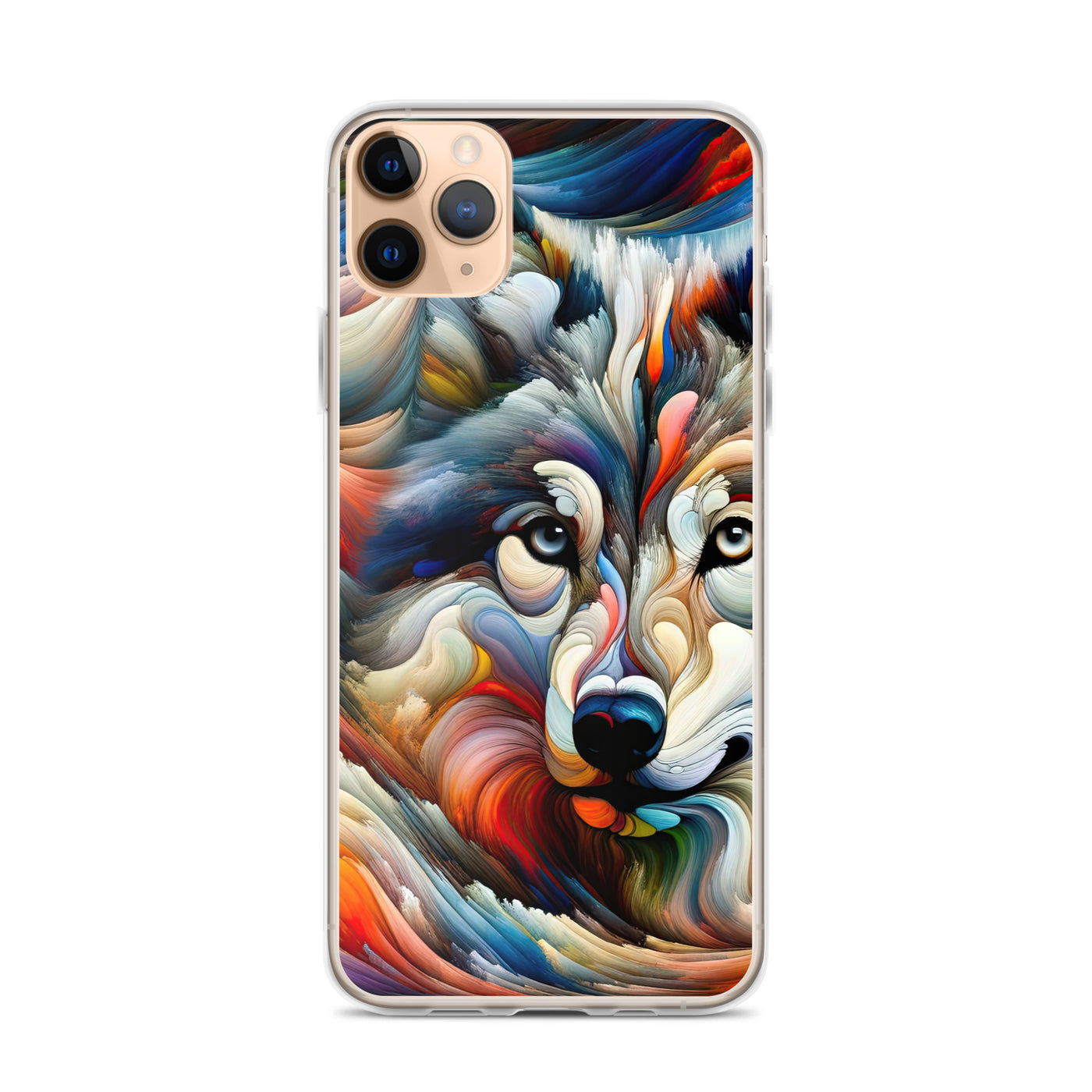 Abstrakte Kunst der Alpen mit einem Wolf. Chaotischer Tanz aus Farben und Formen. Surreale Landschaft (AN) - iPhone Schutzhülle (durchsichtig) xxx yyy zzz iPhone 11 Pro Max