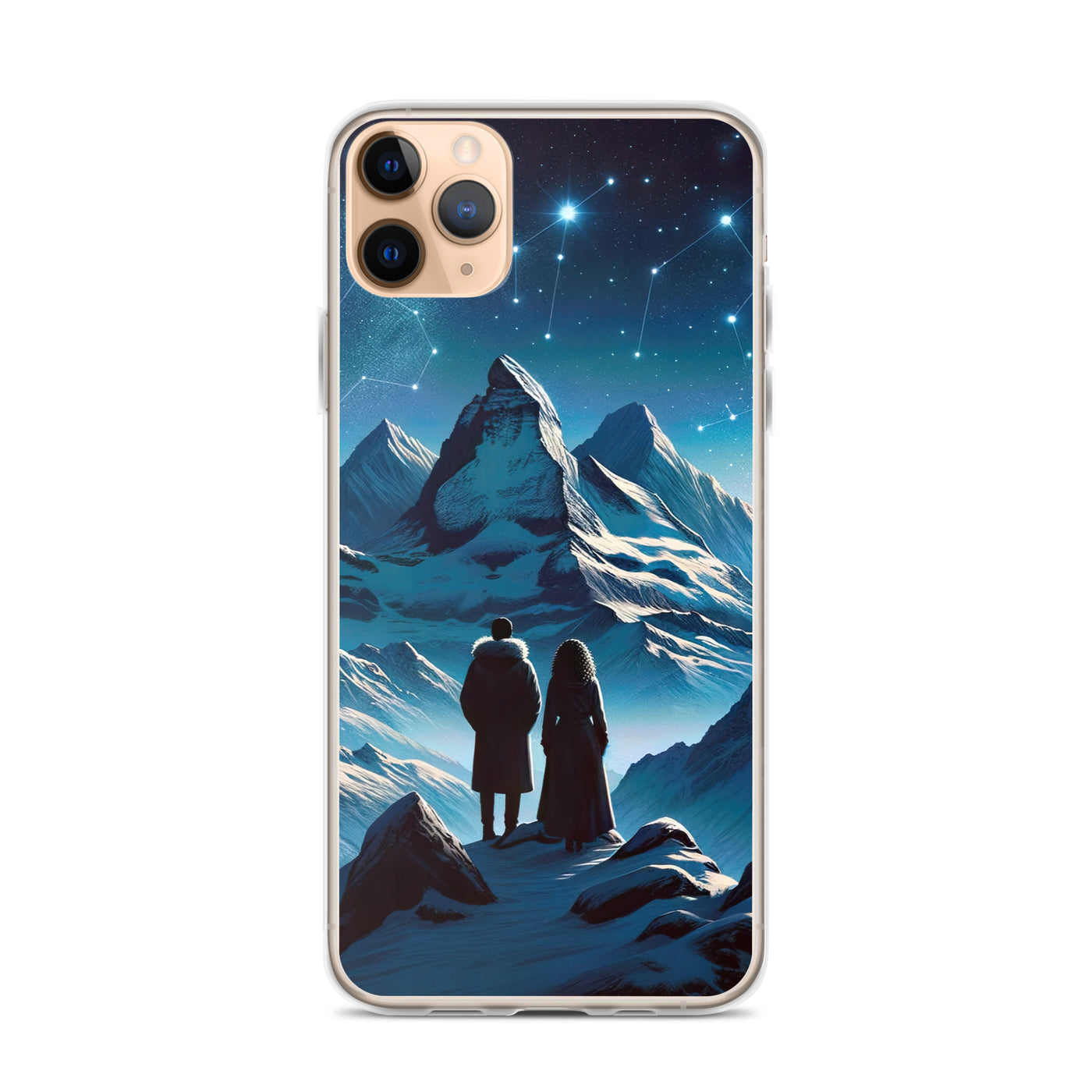 Alpenwinternacht: Digitale Kunst mit Wanderern in Bergen und Sternenhimmel - iPhone Schutzhülle (durchsichtig) wandern xxx yyy zzz iPhone 11 Pro Max