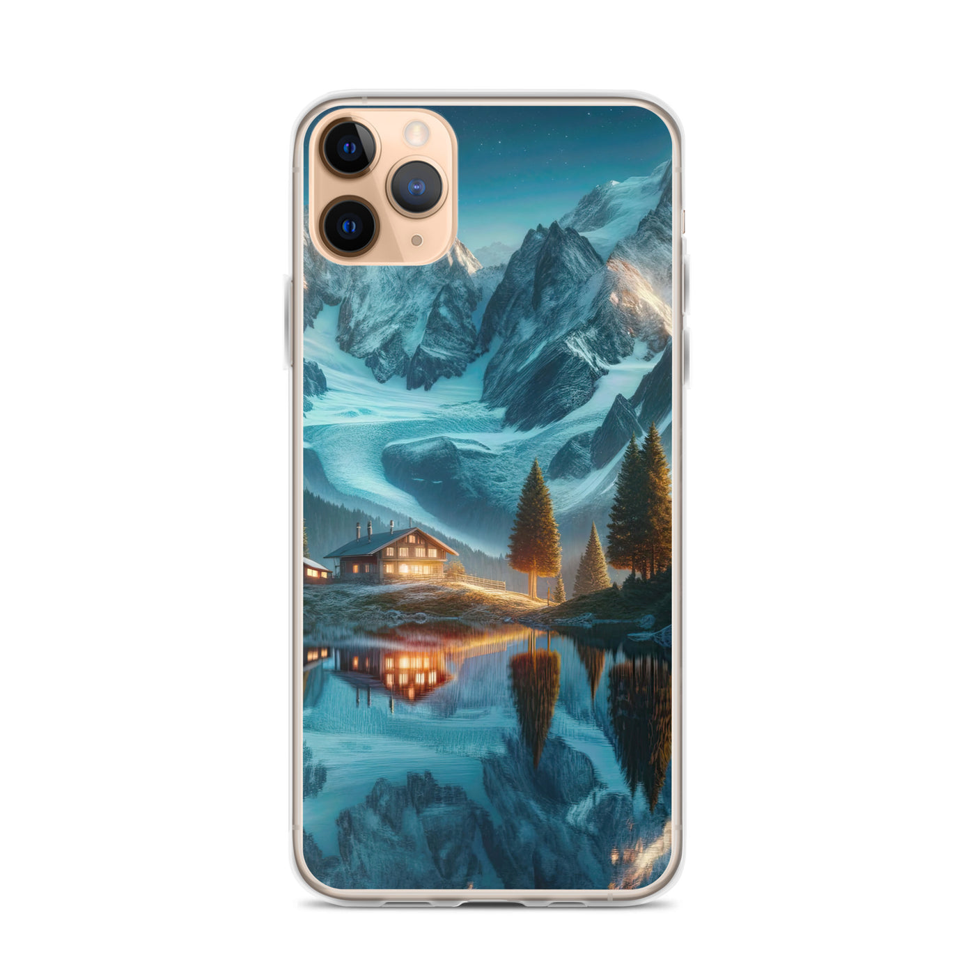 Stille Alpenmajestätik: Digitale Kunst mit Schnee und Bergsee-Spiegelung - iPhone Schutzhülle (durchsichtig) berge xxx yyy zzz iPhone 11 Pro Max