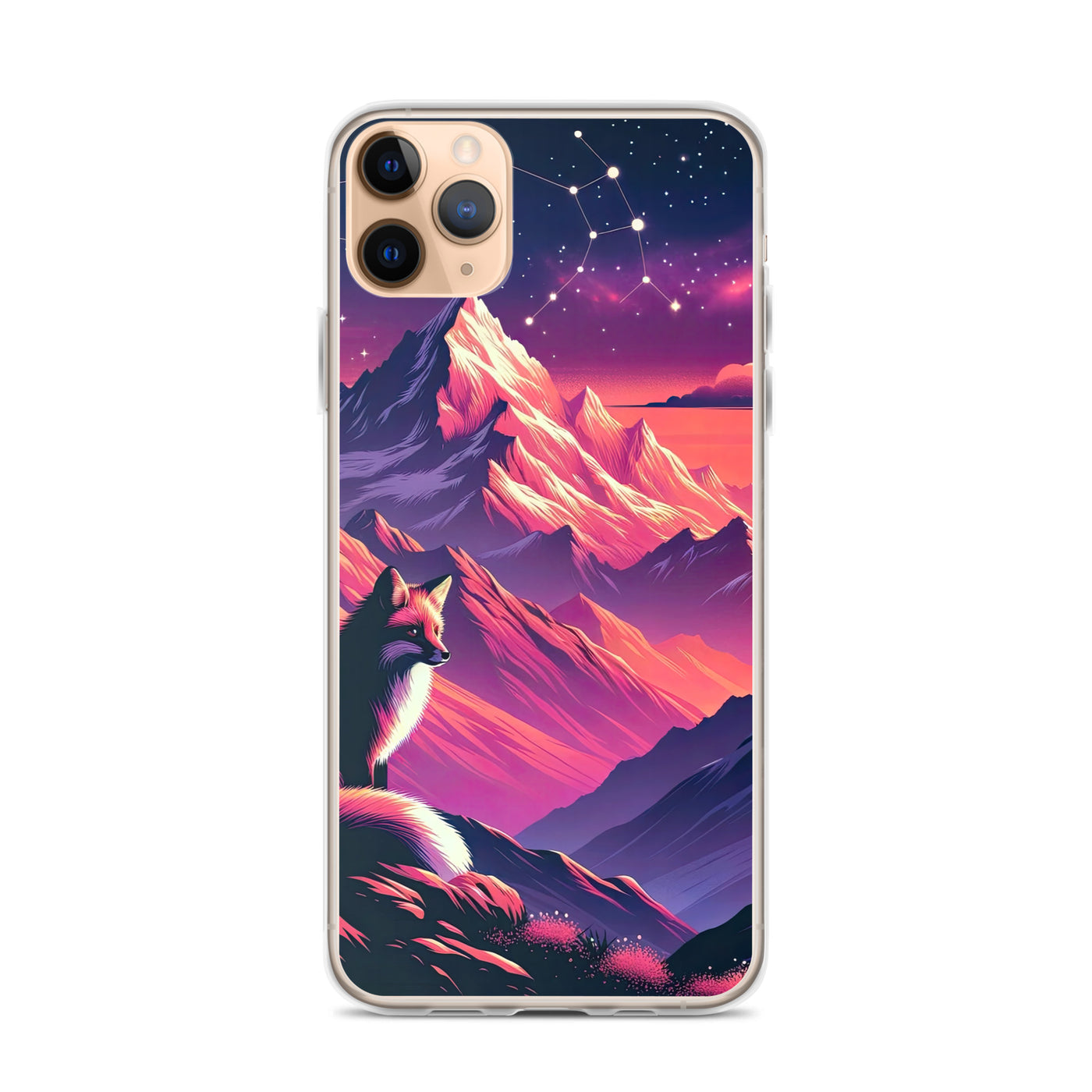 Fuchs im dramatischen Sonnenuntergang: Digitale Bergillustration in Abendfarben - iPhone Schutzhülle (durchsichtig) camping xxx yyy zzz iPhone 11 Pro Max