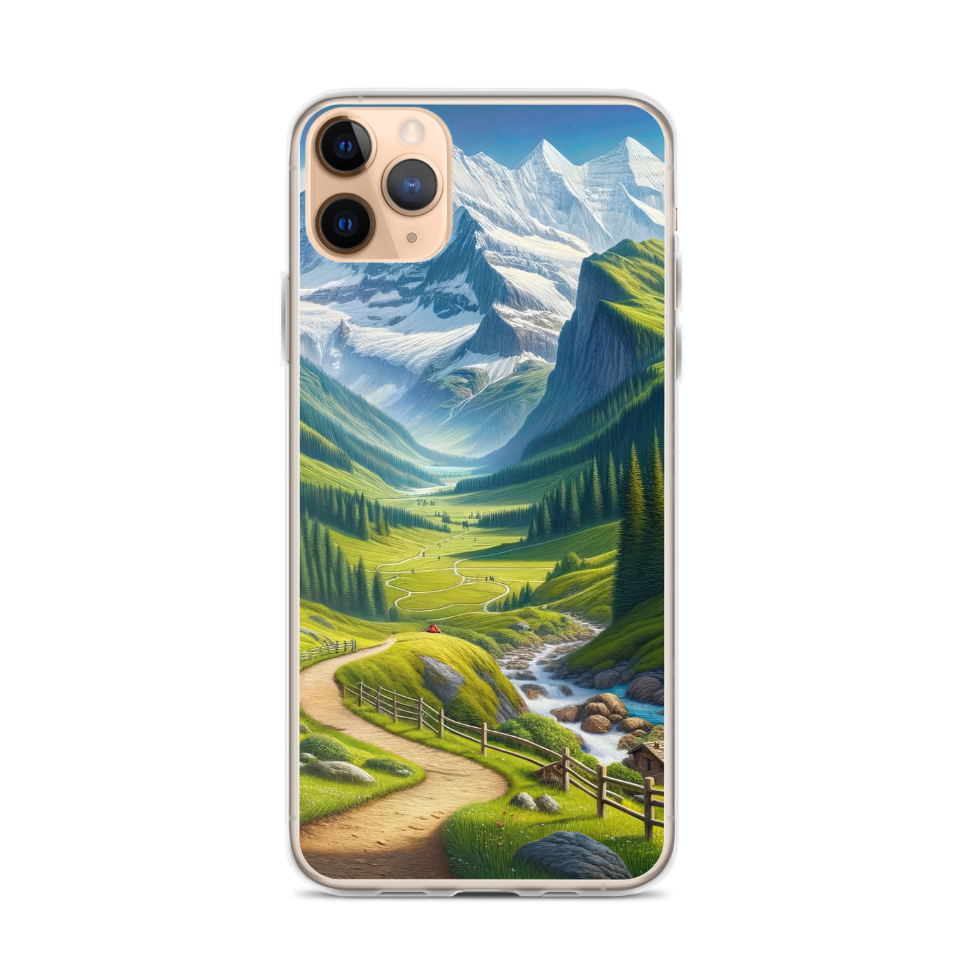 Wanderer in den Bergen und Wald: Digitale Malerei mit grünen kurvenreichen Pfaden - iPhone Schutzhülle (durchsichtig) wandern xxx yyy zzz iPhone 11 Pro Max