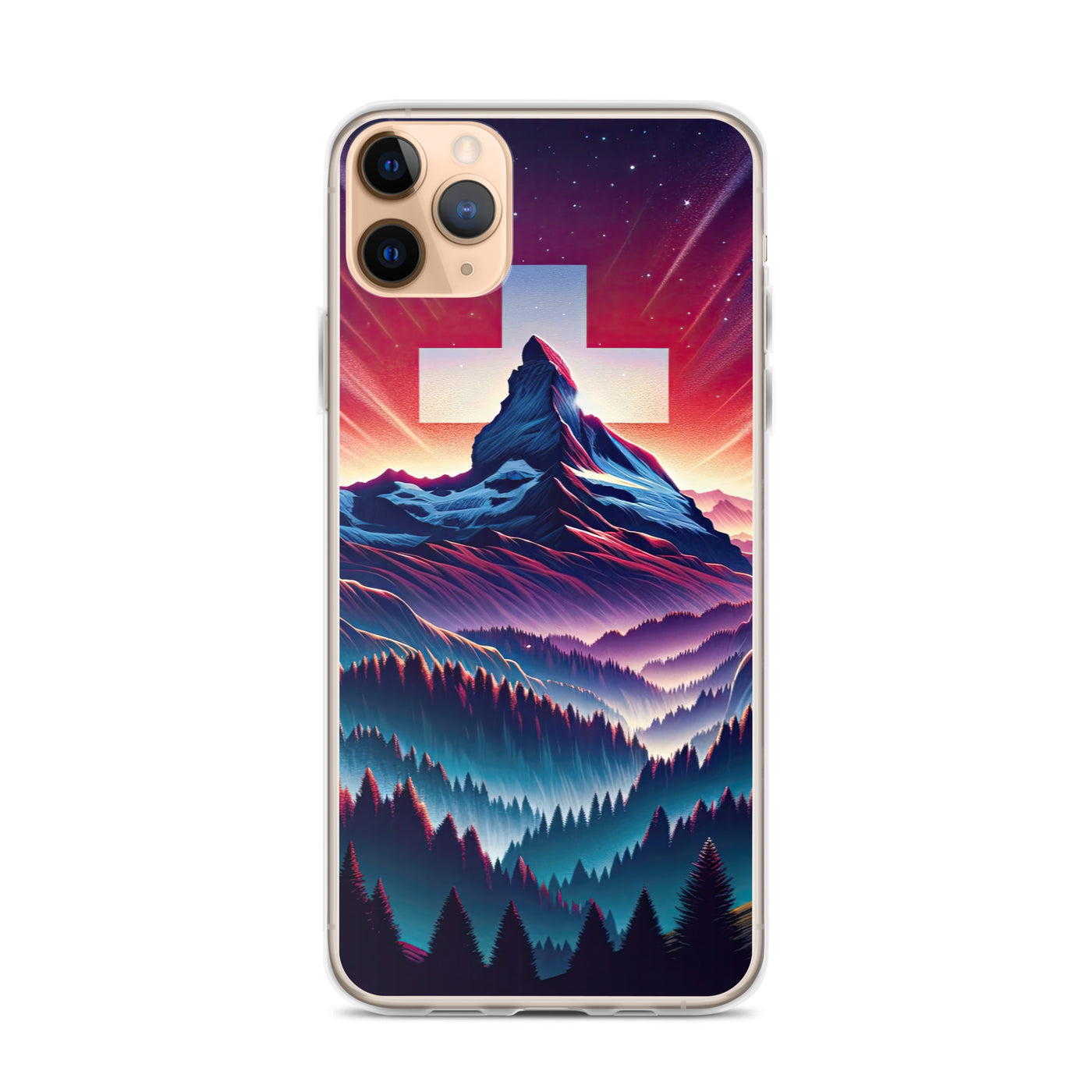 Alpenszene in Dämmerung mit Schweizer Flagge - iPhone Schutzhülle (durchsichtig) berge xxx yyy zzz iPhone 11 Pro Max