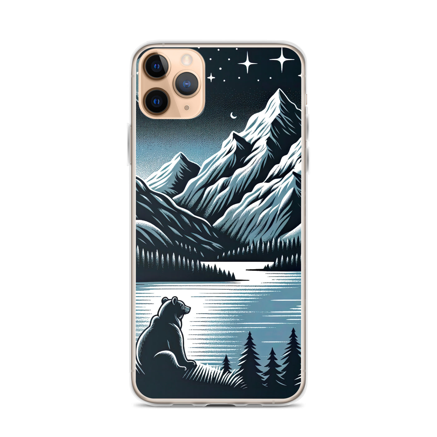 Bär in Alpen-Mondnacht, silberne Berge, schimmernde Seen - iPhone Schutzhülle (durchsichtig) camping xxx yyy zzz iPhone 11 Pro Max