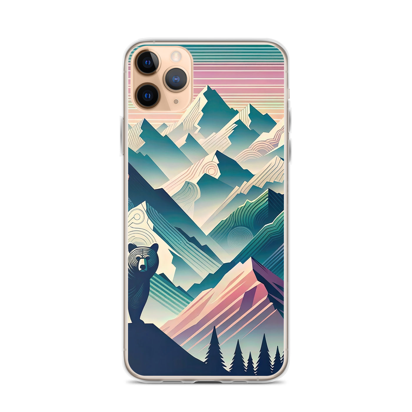 Bär im Panoramablick der Alpen, moderne Kunst-Gebirgsschichten - iPhone Schutzhülle (durchsichtig) camping xxx yyy zzz iPhone 11 Pro Max