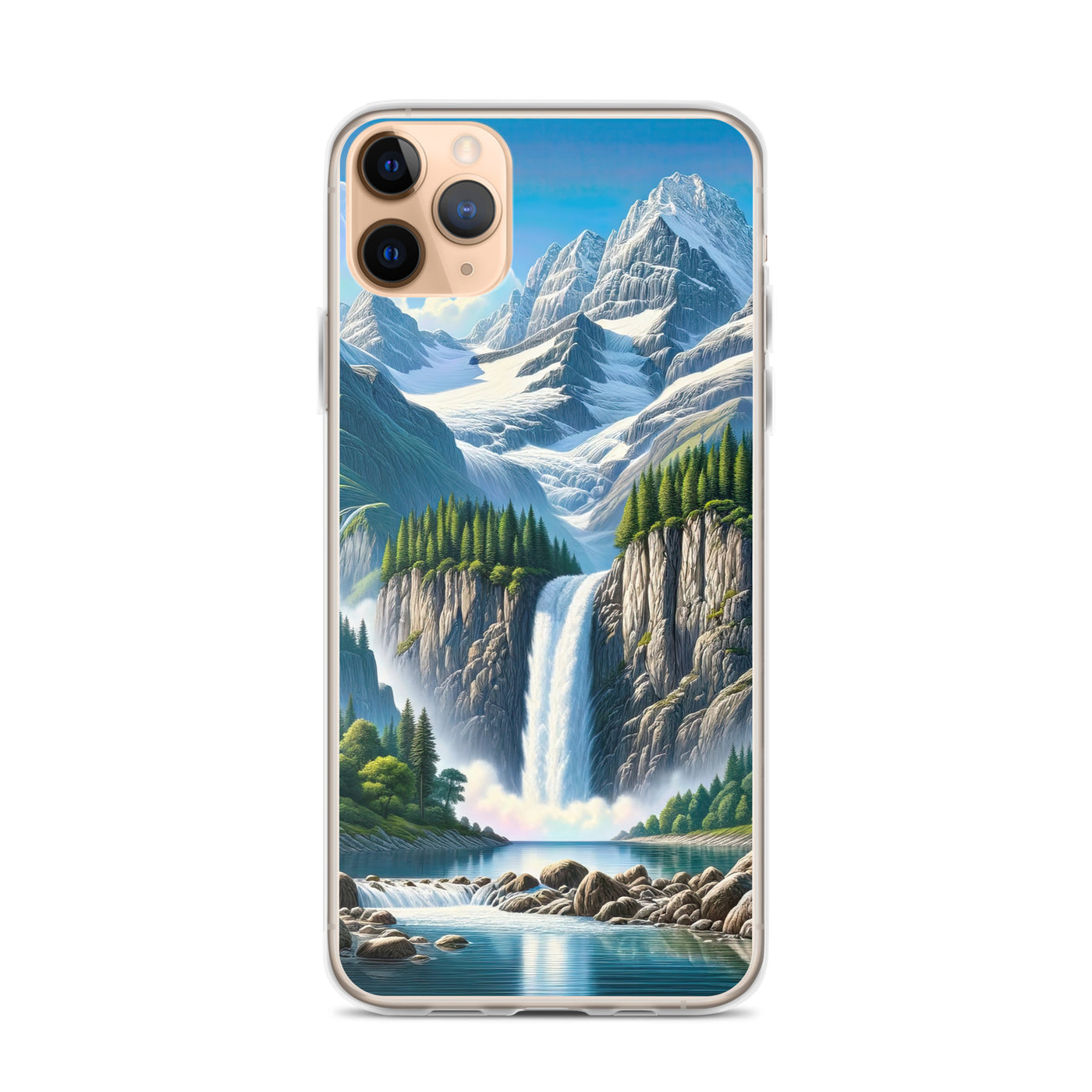Illustration einer unberührten Alpenkulisse im Hochsommer. Wasserfall und See - iPhone Schutzhülle (durchsichtig) berge xxx yyy zzz iPhone 11 Pro Max
