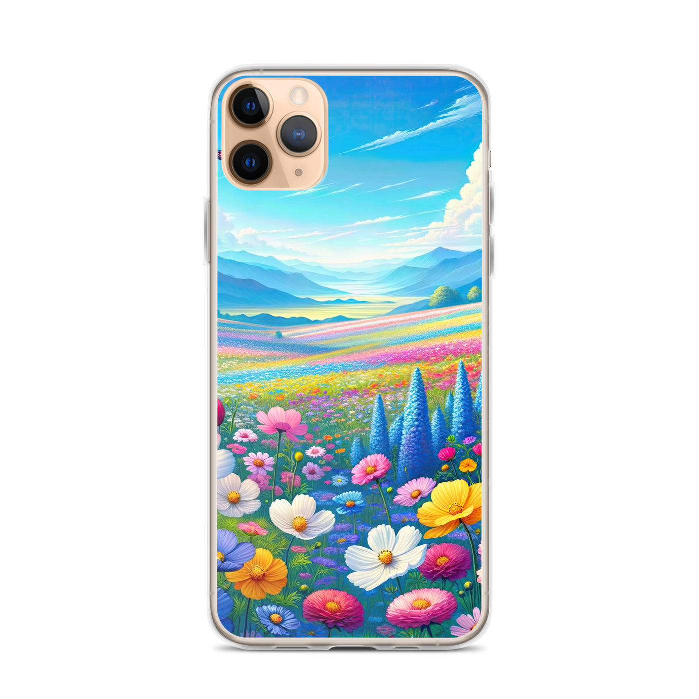 Weitläufiges Blumenfeld unter himmelblauem Himmel, leuchtende Flora - iPhone Schutzhülle (durchsichtig) camping xxx yyy zzz iPhone 11 Pro Max