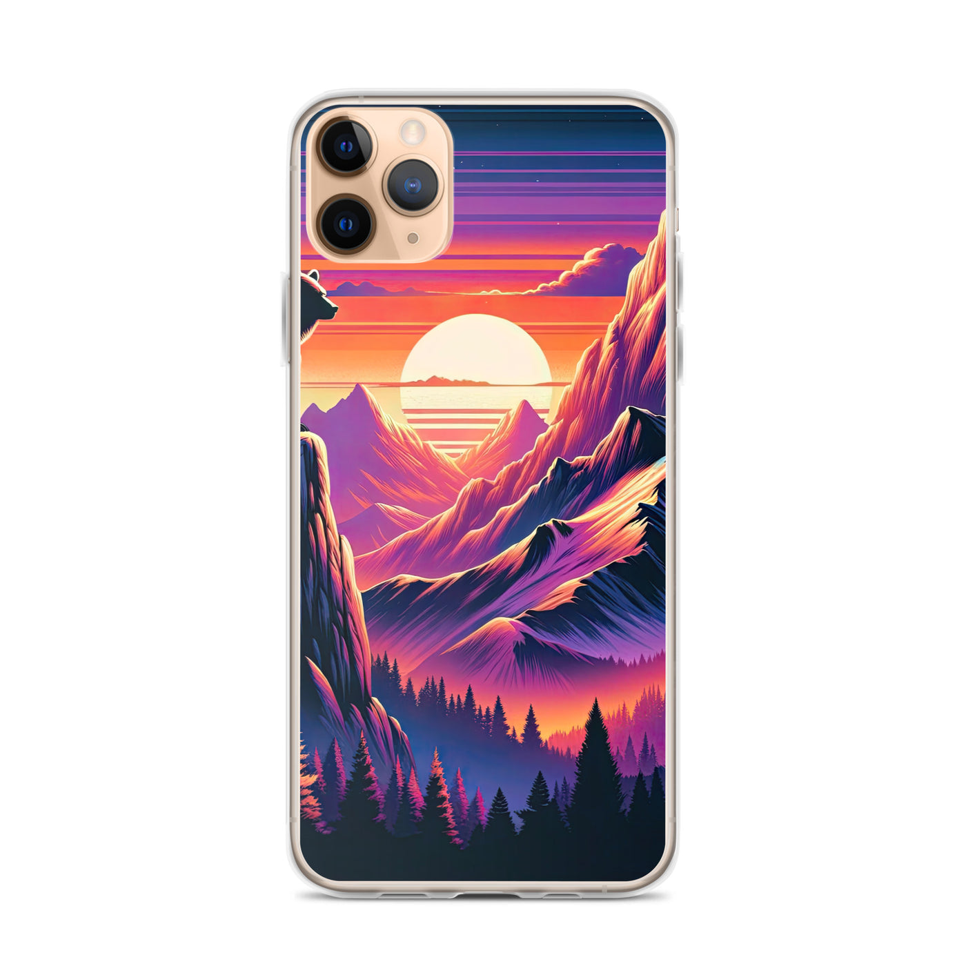 Alpen-Sonnenuntergang mit Bär auf Hügel, warmes Himmelsfarbenspiel - iPhone Schutzhülle (durchsichtig) camping xxx yyy zzz iPhone 11 Pro Max