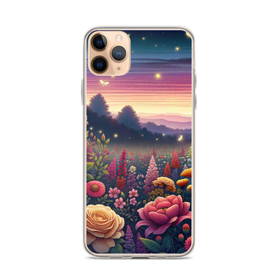 Skurriles Blumenfeld in Dämmerung, farbenfrohe Rosen, Lilien, Ringelblumen - iPhone Schutzhülle (durchsichtig) camping xxx yyy zzz iPhone 11 Pro Max