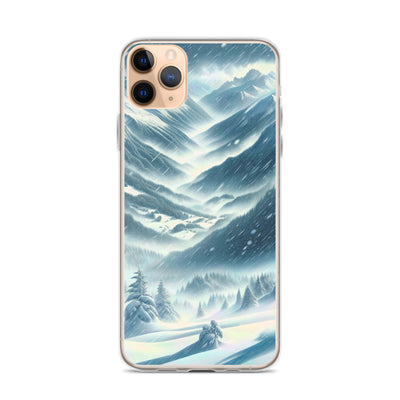 Alpine Wildnis im Wintersturm mit Skifahrer, verschneite Landschaft - iPhone Schutzhülle (durchsichtig) klettern ski xxx yyy zzz iPhone 11 Pro Max