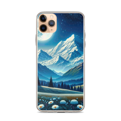 Klare frühlingshafte Alpennacht mit Blumen und Vollmond über Schneegipfeln - iPhone Schutzhülle (durchsichtig) berge xxx yyy zzz iPhone 11 Pro Max