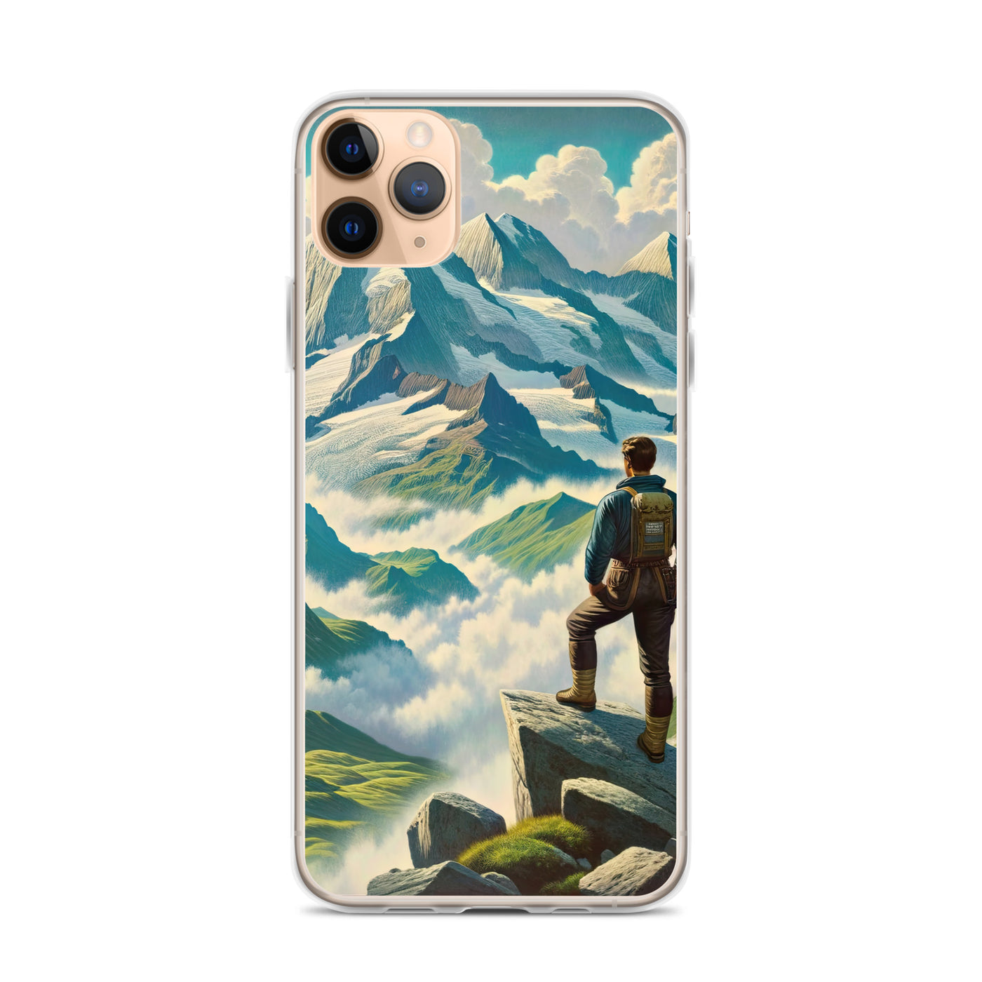 Panoramablick der Alpen mit Wanderer auf einem Hügel und schroffen Gipfeln - iPhone Schutzhülle (durchsichtig) wandern xxx yyy zzz iPhone 11 Pro Max