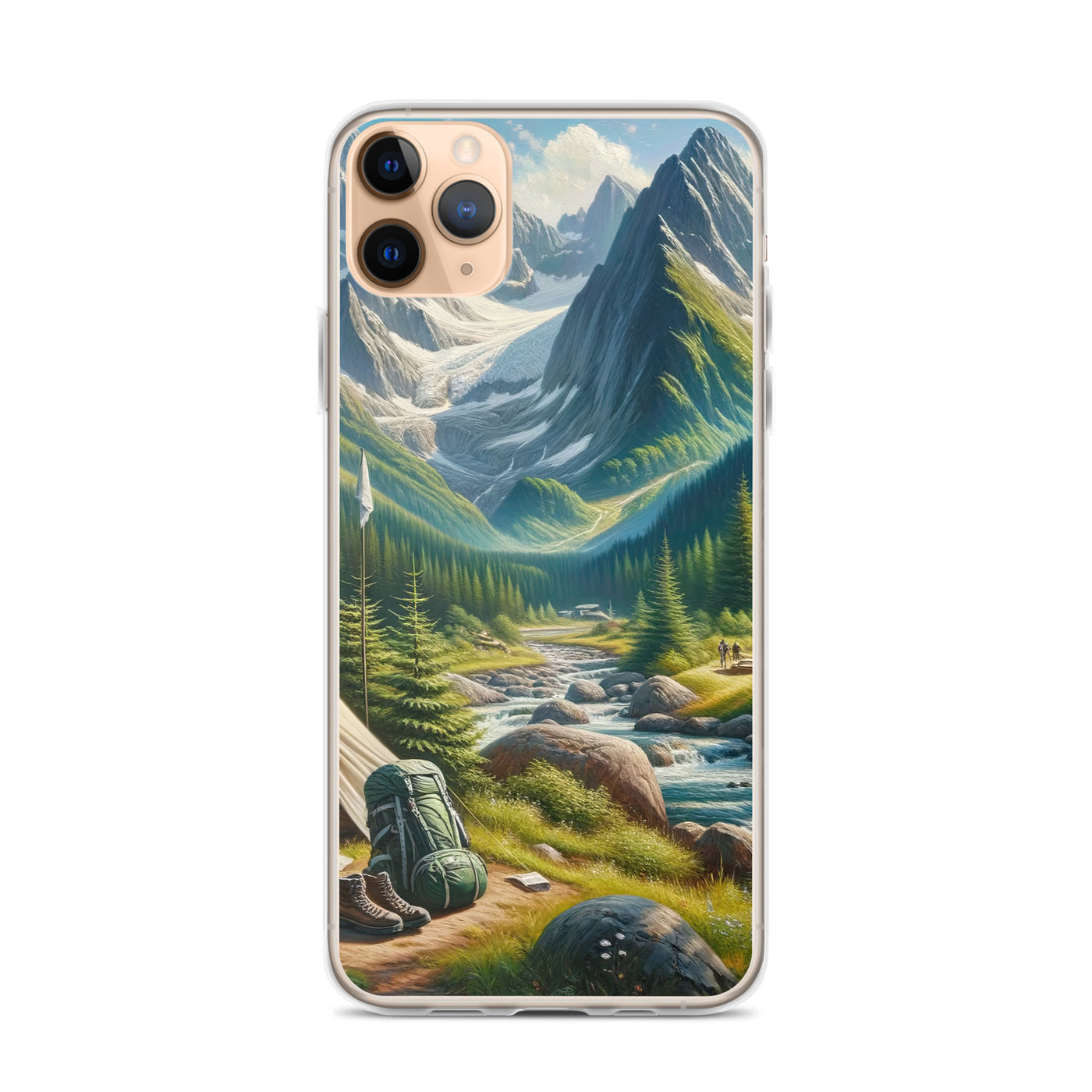 Ölgemälde der Alpensommerlandschaft mit Zelt, Gipfeln, Wäldern und Bächen - iPhone Schutzhülle (durchsichtig) camping xxx yyy zzz iPhone 11 Pro Max