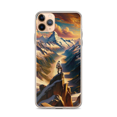 Ölgemälde eines Wanderers auf einem Hügel mit Panoramablick auf schneebedeckte Alpen und goldenen Himmel - iPhone Schutzhülle (durchsichtig) wandern xxx yyy zzz iPhone 11 Pro Max