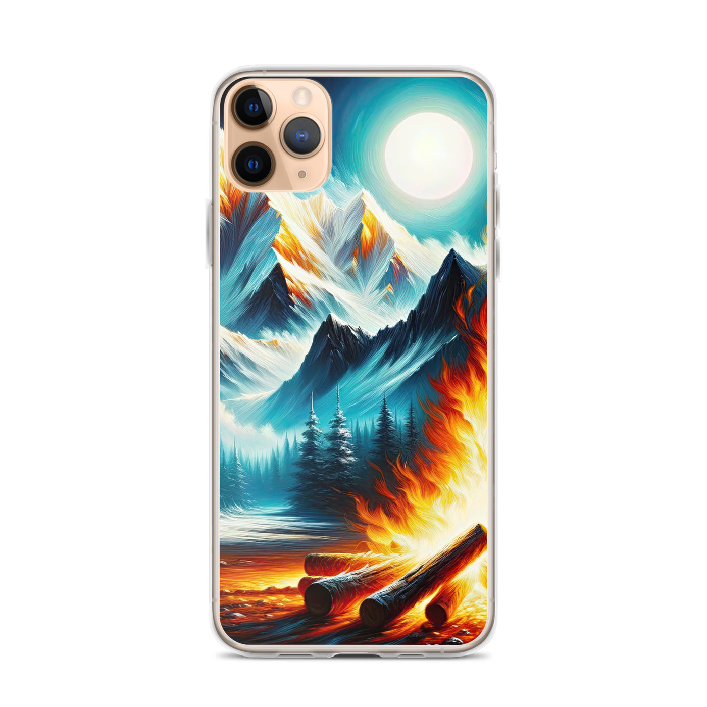Ölgemälde von Feuer und Eis: Lagerfeuer und Alpen im Kontrast, warme Flammen - iPhone Schutzhülle (durchsichtig) camping xxx yyy zzz iPhone 11 Pro Max
