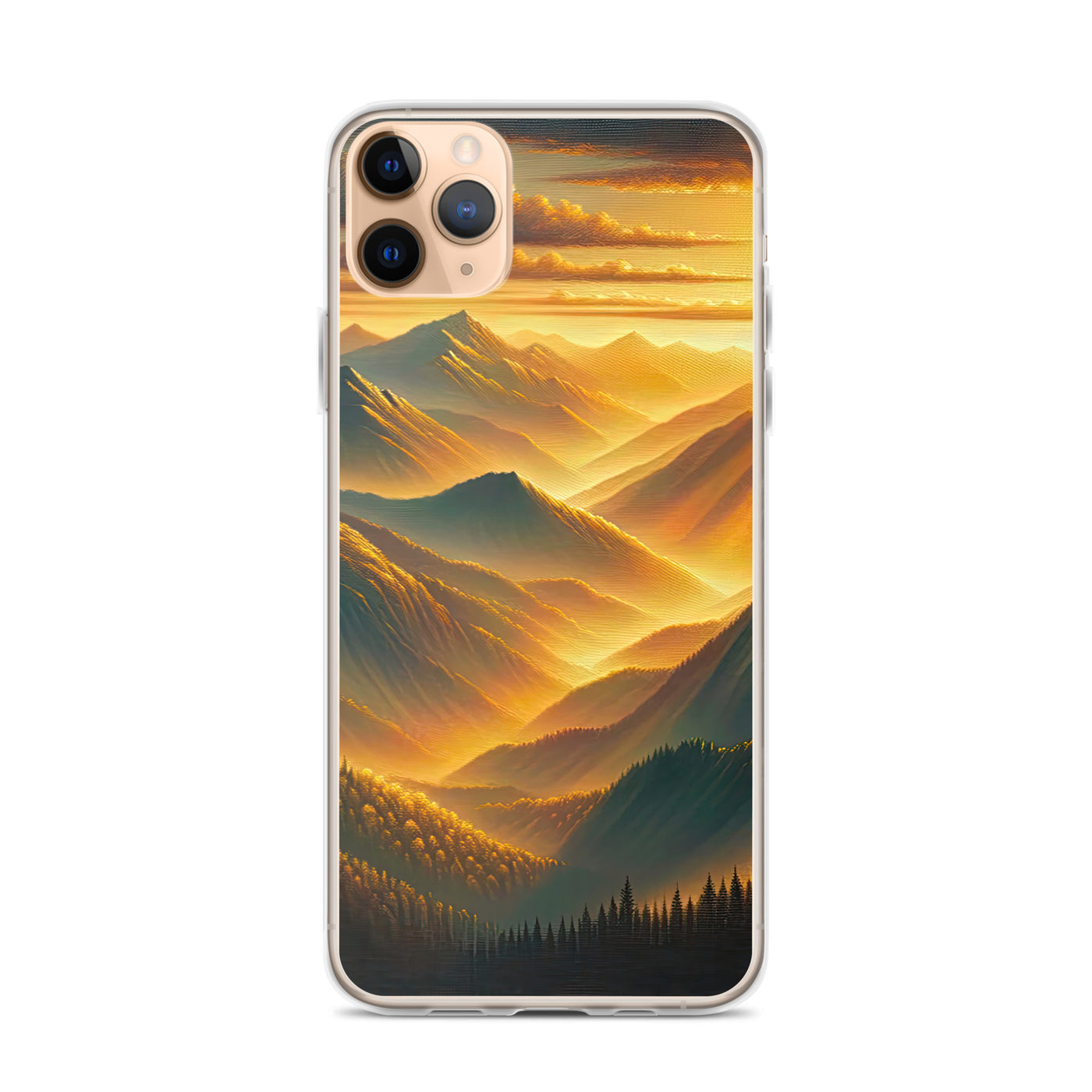 Ölgemälde der Berge in der goldenen Stunde, Sonnenuntergang über warmer Landschaft - iPhone Schutzhülle (durchsichtig) berge xxx yyy zzz iPhone 11 Pro Max