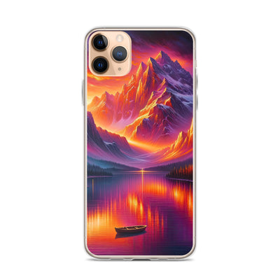 Ölgemälde eines Bootes auf einem Bergsee bei Sonnenuntergang, lebendige Orange-Lila Töne - iPhone Schutzhülle (durchsichtig) berge xxx yyy zzz iPhone 11 Pro Max
