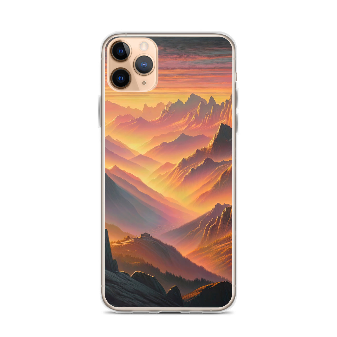 Ölgemälde der Alpen in der goldenen Stunde mit Wanderer, Orange-Rosa Bergpanorama - iPhone Schutzhülle (durchsichtig) wandern xxx yyy zzz iPhone 11 Pro Max