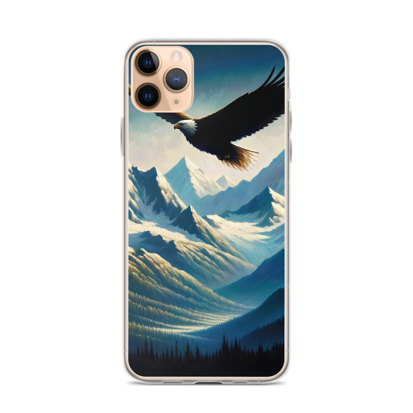 Ölgemälde eines Adlers vor schneebedeckten Bergsilhouetten - iPhone Schutzhülle (durchsichtig) berge xxx yyy zzz iPhone 11 Pro Max