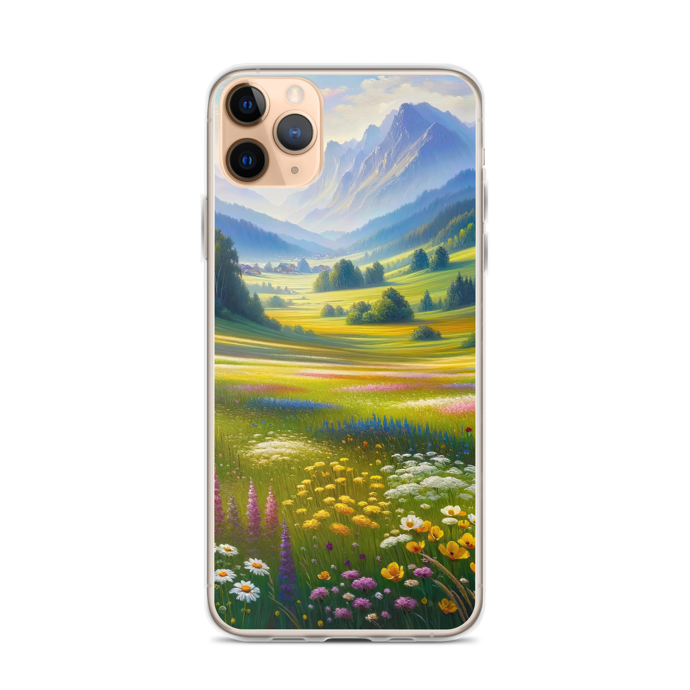 Ölgemälde einer Almwiese, Meer aus Wildblumen in Gelb- und Lilatönen - iPhone Schutzhülle (durchsichtig) berge xxx yyy zzz iPhone 11 Pro Max