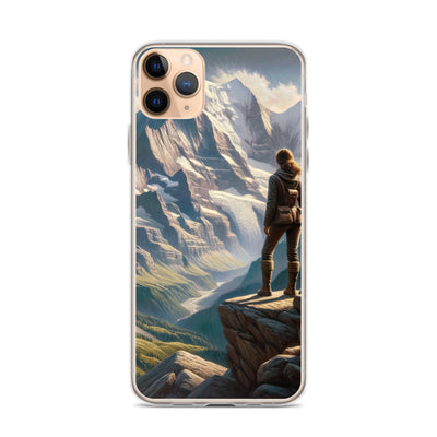 Ölgemälde der Alpengipfel mit Schweizer Abenteurerin auf Felsvorsprung - iPhone Schutzhülle (durchsichtig) wandern xxx yyy zzz iPhone 11 Pro Max