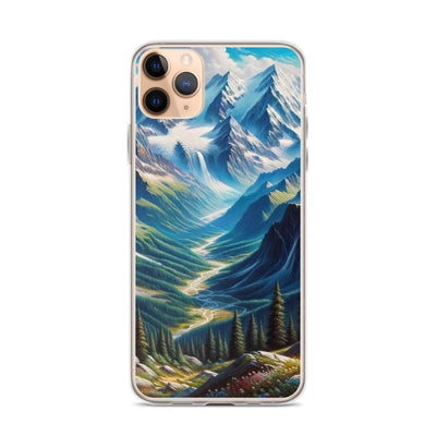 Panorama-Ölgemälde der Alpen mit schneebedeckten Gipfeln und schlängelnden Flusstälern - iPhone Schutzhülle (durchsichtig) berge xxx yyy zzz iPhone 11 Pro Max