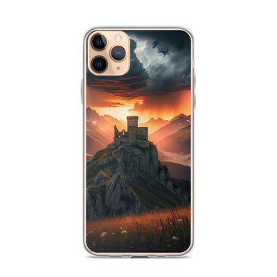 Foto einer Alpenburg bei stürmischem Sonnenuntergang, dramatische Wolken und Sonnenstrahlen - iPhone Schutzhülle (durchsichtig) berge xxx yyy zzz iPhone 11 Pro Max